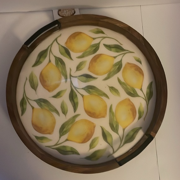 Gourmet Basics Lemon Rotating Tray, wood with iron handles. 16”L X 16”W X 2.75”H - Picture 5 of 17